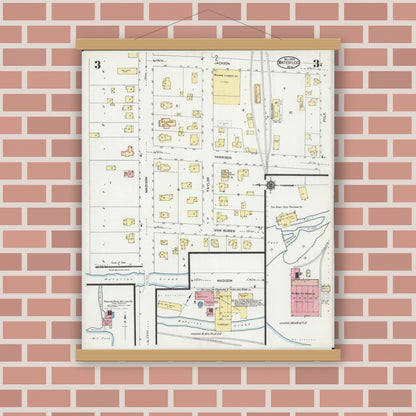 Old map wall art mockup — magnetic wood frame on brick wall — Sanborn Fire Insurance Map from Waterloo, Jefferson County, Wisconsin (1924), Sheet #0003