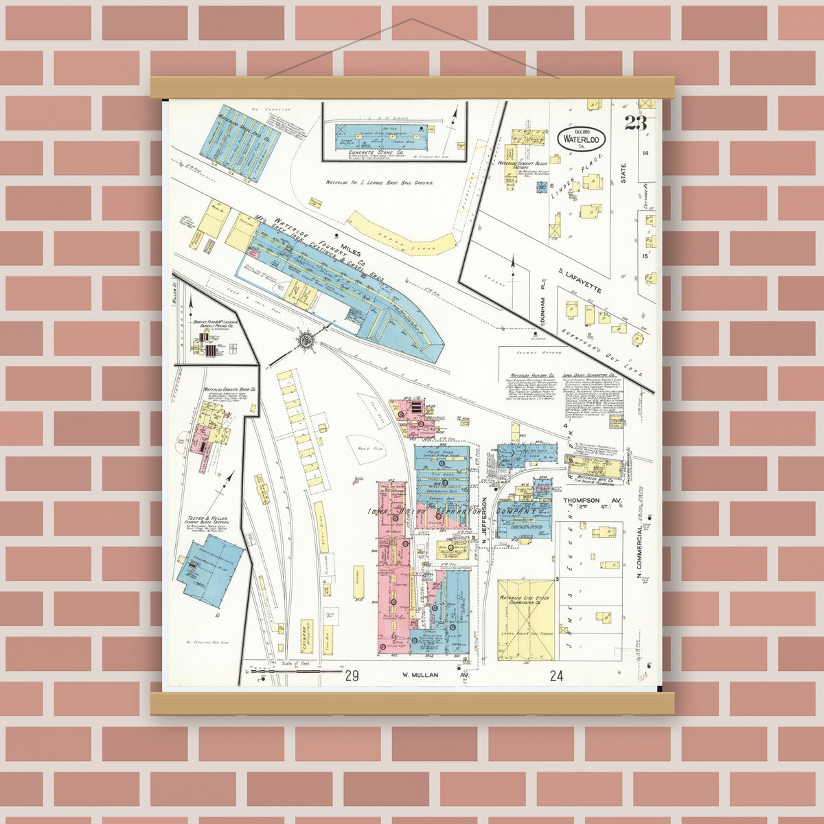 Old map wall art mockup — magnetic wood frame on brick wall — Sanborn Fire Insurance Map from Waterloo, Black Hawk County, Iowa (1910), Sheet #0023