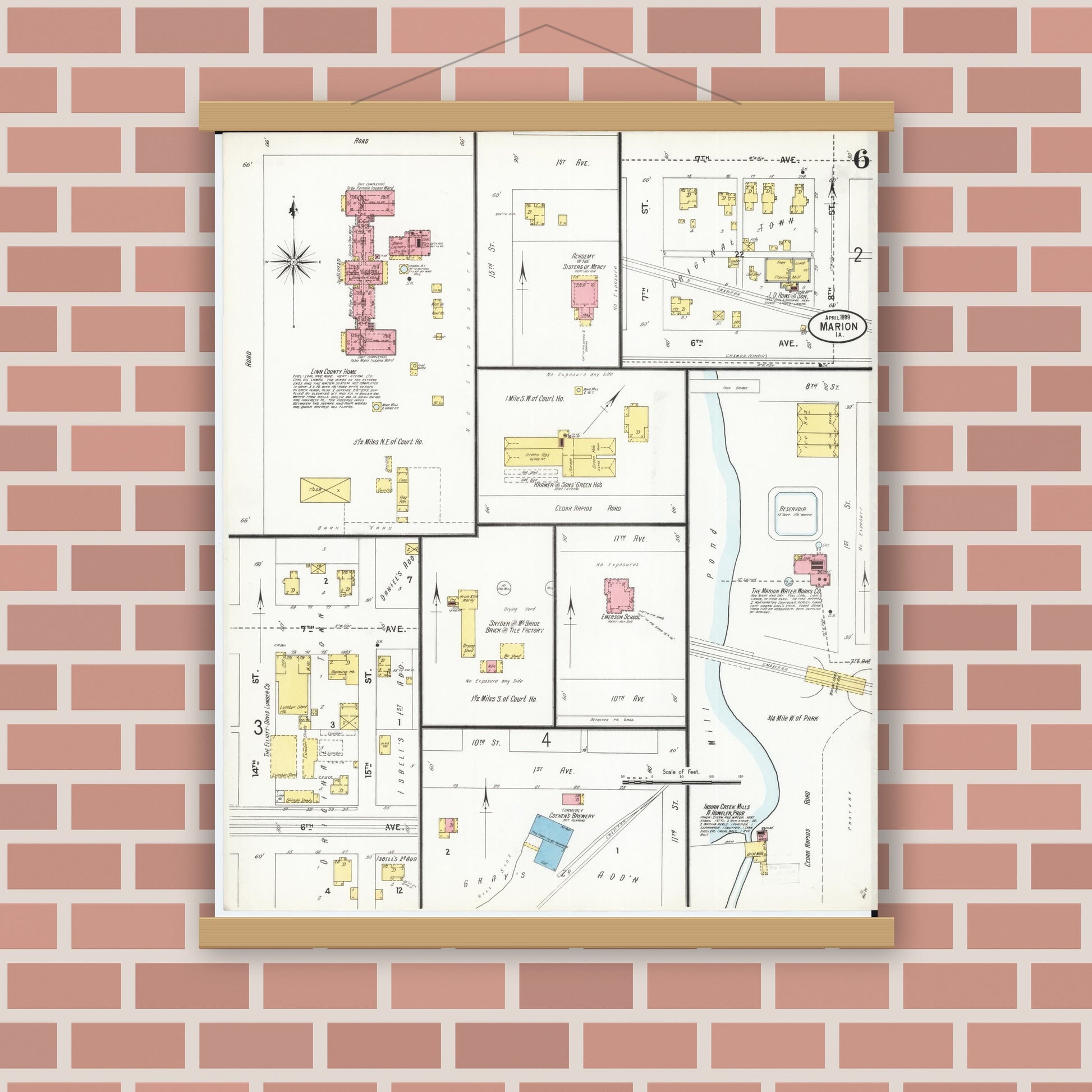 Old map wall art mockup — magnetic wood frame on brick wall — Sanborn Fire Insurance Map from Marion, Linn County, Iowa (1899), Sheet #0006
