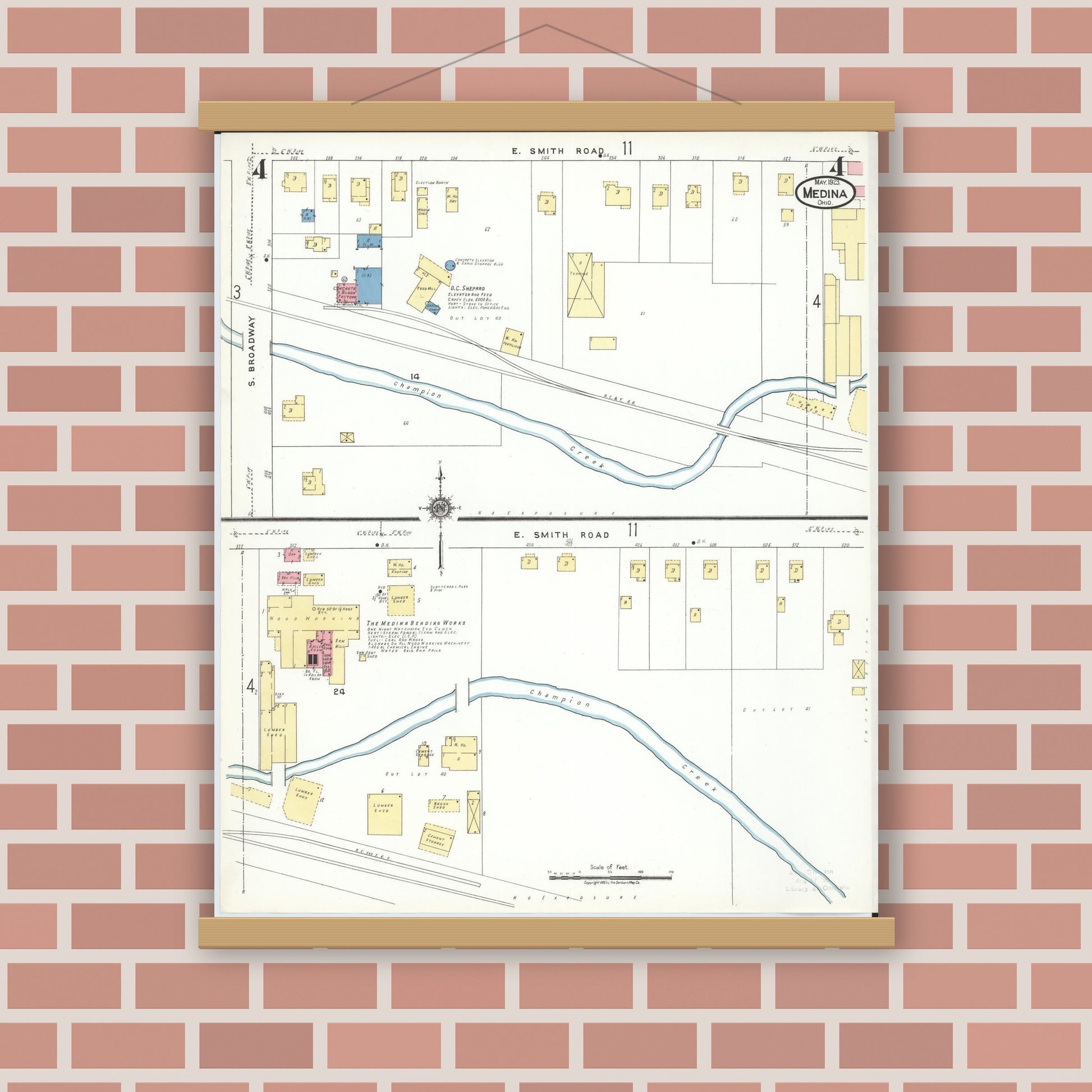 Old map wall art mockup — magnetic wood frame on brick wall — Sanborn Fire Insurance Map from Medina, Medina County, Ohio (1923), Sheet #0004