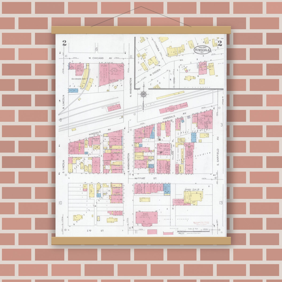 Old map wall art mockup — magnetic wood frame on brick wall — Sanborn Fire Insurance Map from Hinsdale, Du Page And Cook Counties, Illinois (1927), Sheet #0002