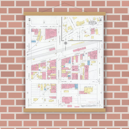 Old map wall art mockup — magnetic wood frame on brick wall — Sanborn Fire Insurance Map from Hinsdale, Du Page And Cook Counties, Illinois (1927), Sheet #0002