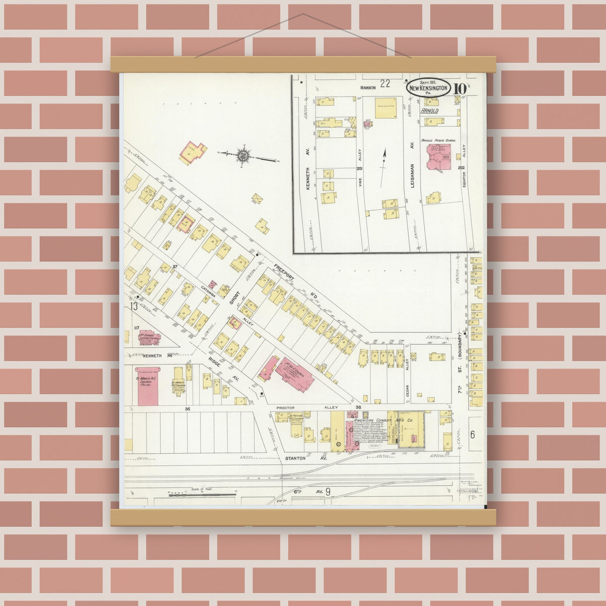 Old map wall art mockup — magnetic wood frame on brick wall — Sanborn Fire Insurance Map from New Kensington, Westmoreland County, Pennsylvania (1911), Sheet #0010