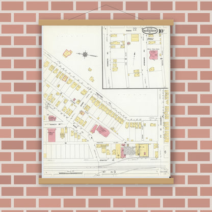 Old map wall art mockup — magnetic wood frame on brick wall — Sanborn Fire Insurance Map from New Kensington, Westmoreland County, Pennsylvania (1911), Sheet #0010