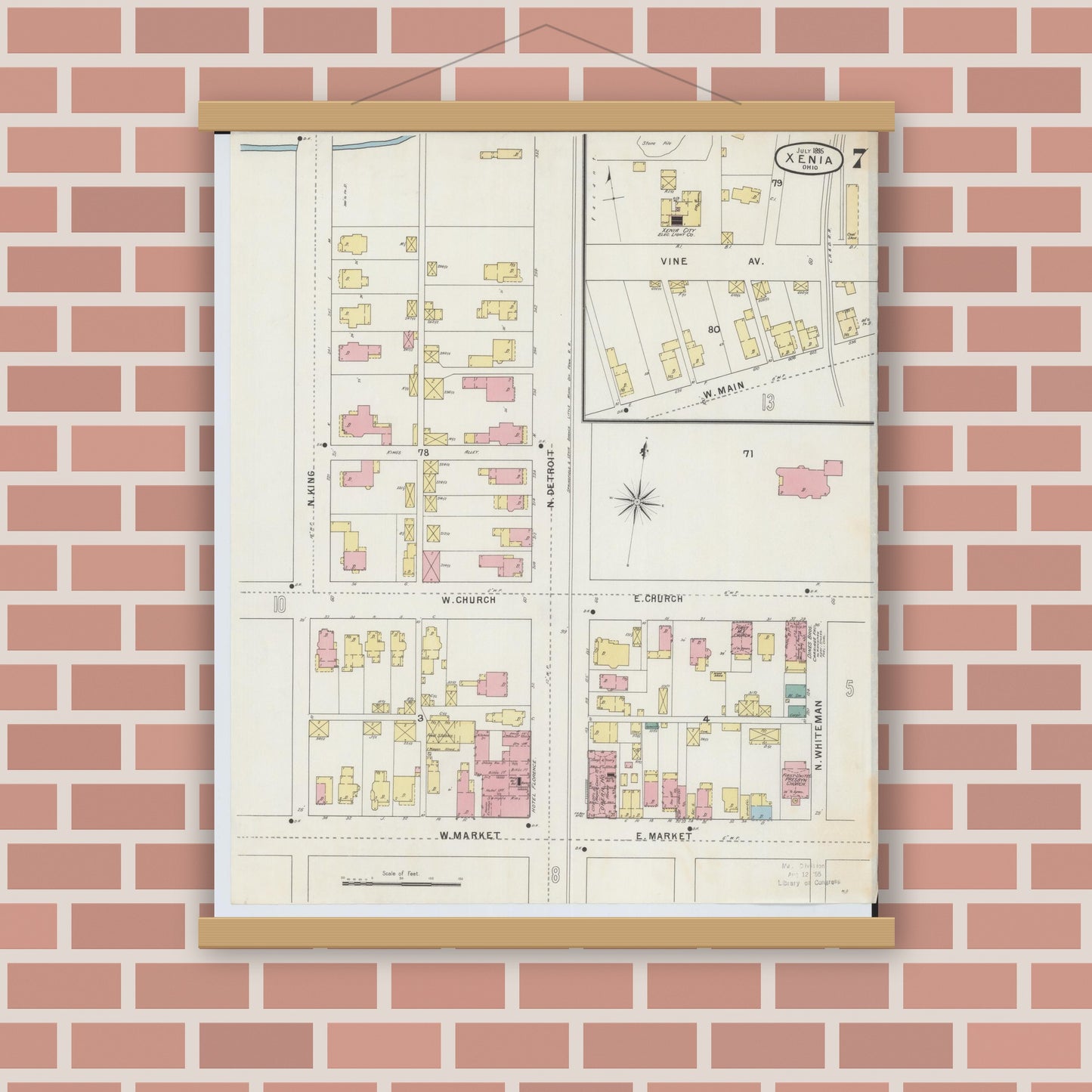 Old map wall art mockup — magnetic wood frame on brick wall — Sanborn Fire Insurance Map from Xenia, Greene County, Ohio (1895), Sheet #0007
