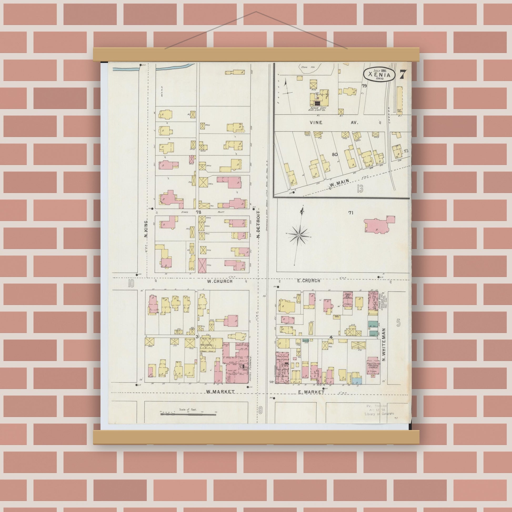 Old map wall art mockup — magnetic wood frame on brick wall — Sanborn Fire Insurance Map from Xenia, Greene County, Ohio (1895), Sheet #0007