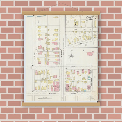 Old map wall art mockup — magnetic wood frame on brick wall — Sanborn Fire Insurance Map from Xenia, Greene County, Ohio (1895), Sheet #0007