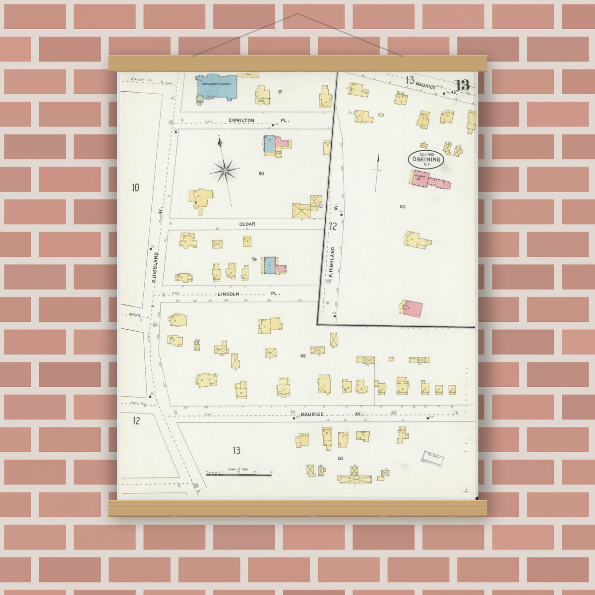 Old map wall art mockup — magnetic wood frame on brick wall — Sanborn Fire Insurance Map from Ossining, Westchester County, New York (1903), Sheet #0013