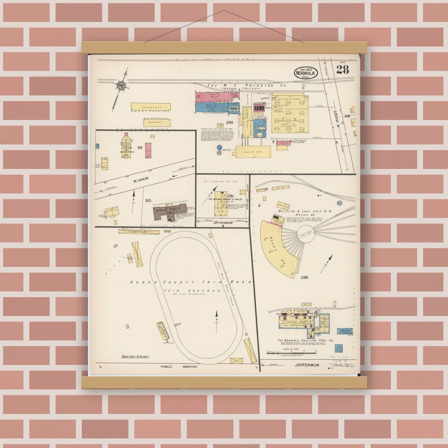 Old map wall art mockup — magnetic wood frame on brick wall — Sanborn Fire Insurance Map from Norwalk, Huron County, Ohio (1922), Sheet #0028