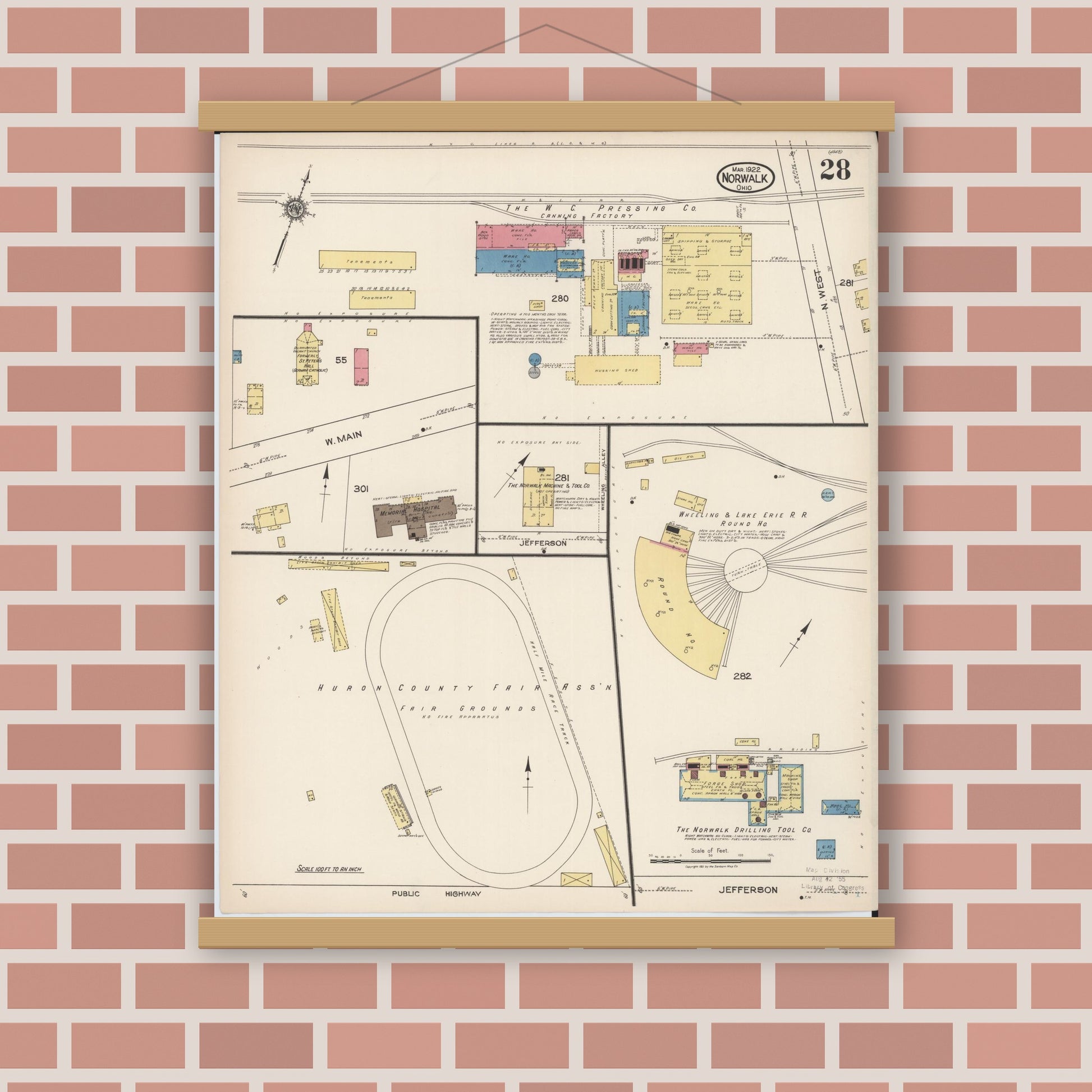 Old map wall art mockup — magnetic wood frame on brick wall — Sanborn Fire Insurance Map from Norwalk, Huron County, Ohio (1922), Sheet #0028