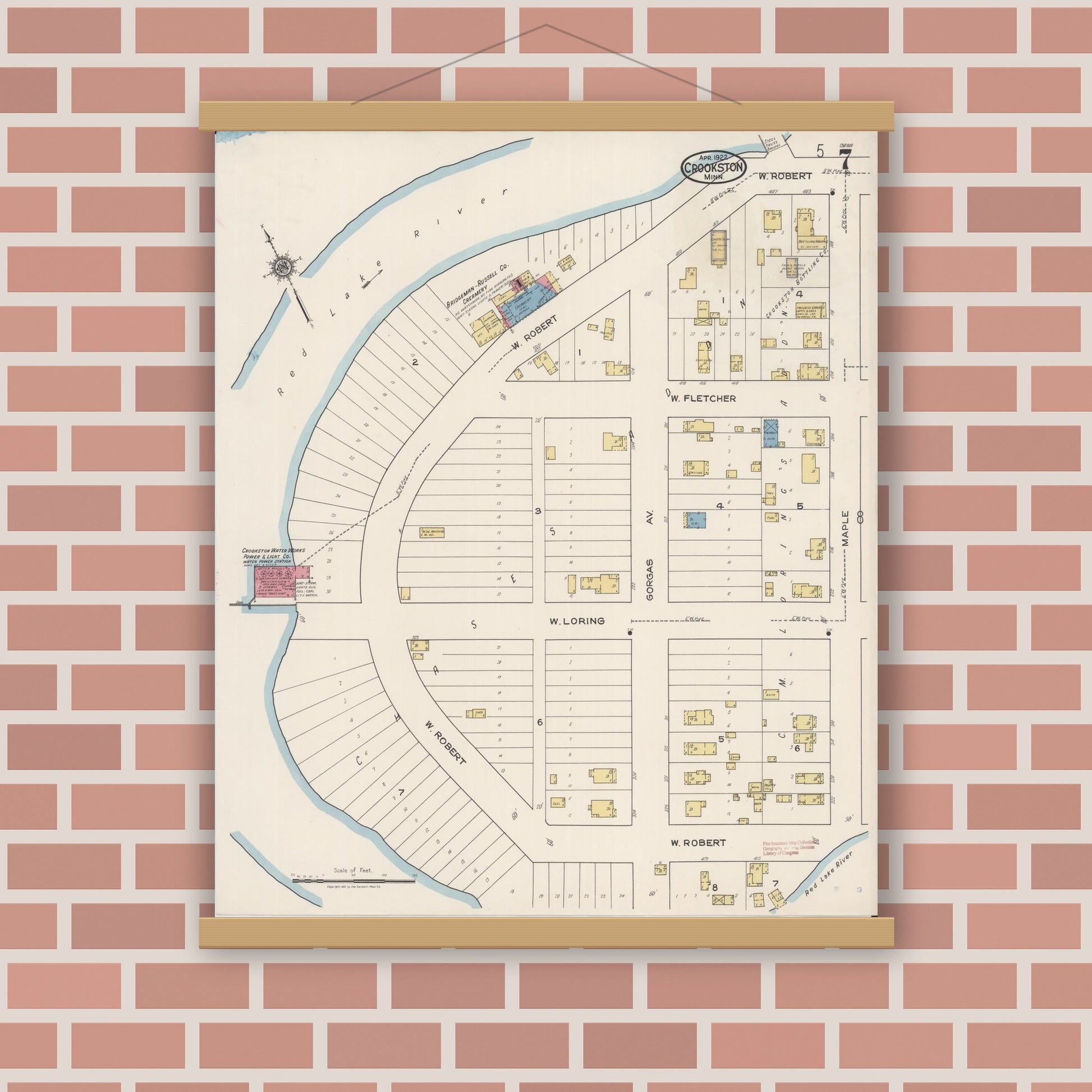 Old map wall art mockup — magnetic wood frame on brick wall — Sanborn Fire Insurance Map from Crookston, Polk County, Minnesota (1922), Sheet #0007