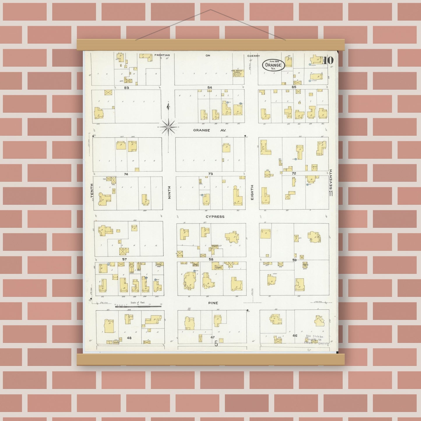 Old map wall art mockup — magnetic wood frame on brick wall — Sanborn Fire Insurance Map from Orange, Orange County, Texas (1909), Sheet #0010
