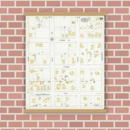 Old map wall art mockup — magnetic wood frame on brick wall — Sanborn Fire Insurance Map from Orange, Orange County, Texas (1909), Sheet #0010