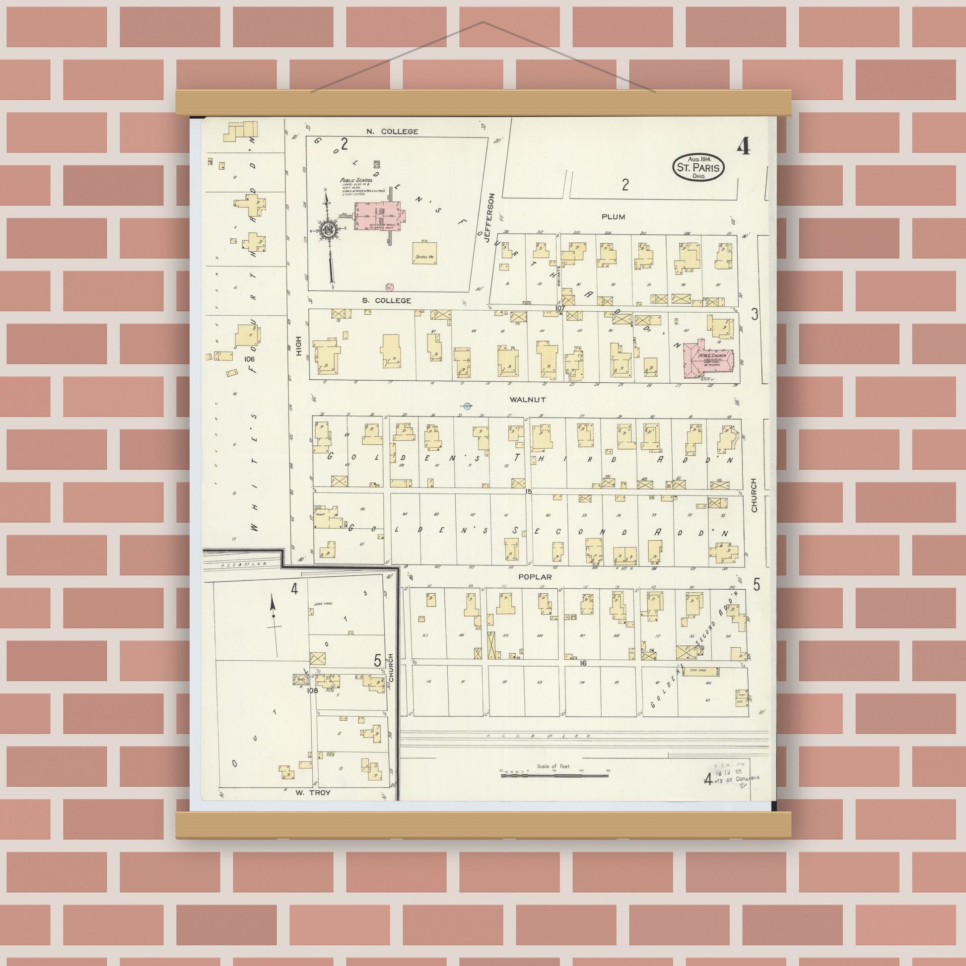 Old map wall art mockup — magnetic wood frame on brick wall — Sanborn Fire Insurance Map from Saint Paris, Champaign County, Ohio (1914), Sheet #0004