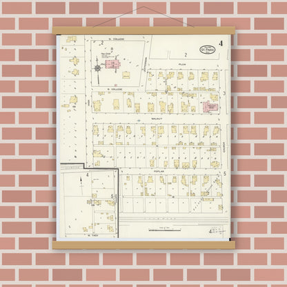 Old map wall art mockup — magnetic wood frame on brick wall — Sanborn Fire Insurance Map from Saint Paris, Champaign County, Ohio (1914), Sheet #0004