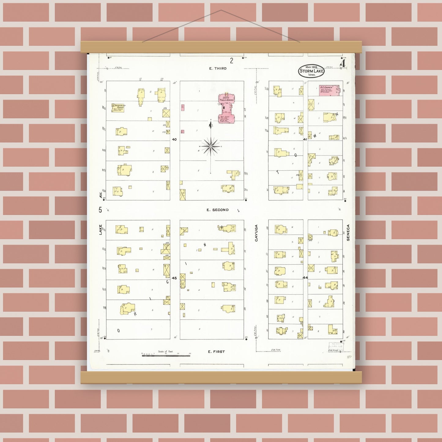 Old map wall art mockup — magnetic wood frame on brick wall — Sanborn Fire Insurance Map from Storm Lake, Buena Vista County, Iowa (1909), Sheet #0004