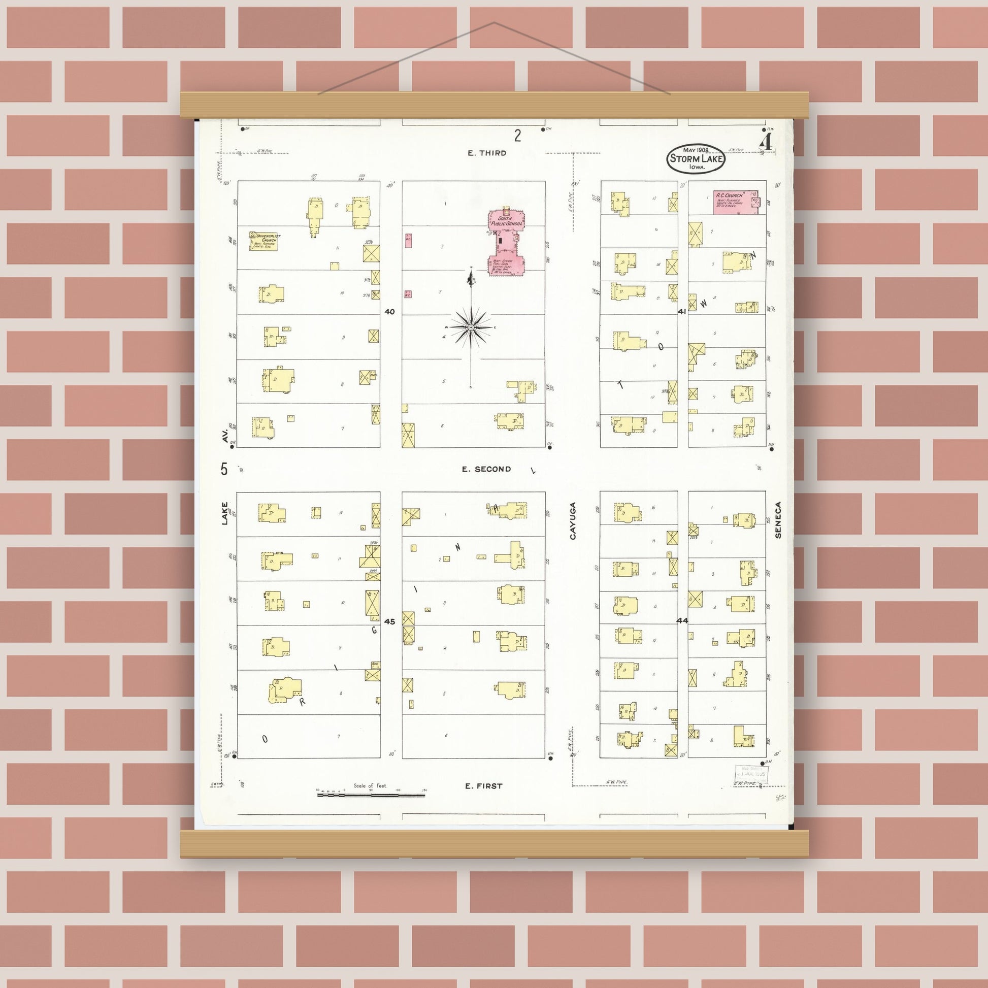 Old map wall art mockup — magnetic wood frame on brick wall — Sanborn Fire Insurance Map from Storm Lake, Buena Vista County, Iowa (1909), Sheet #0004