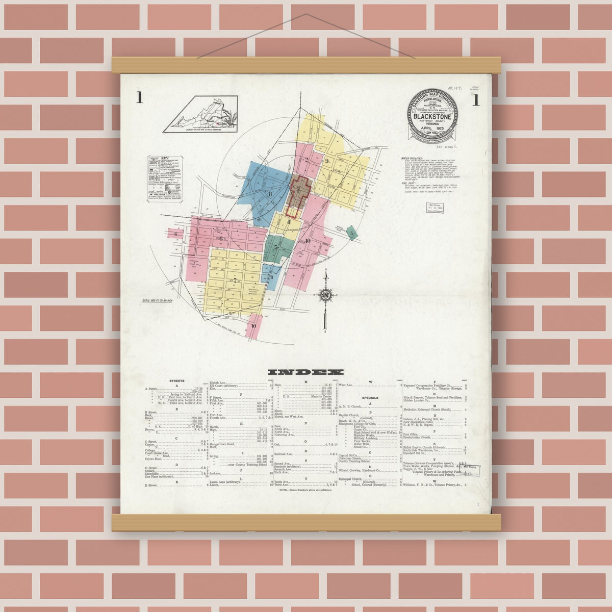Old map wall art mockup — magnetic wood frame on brick wall — Sanborn Fire Insurance Map from Blackstone, Nottoway County, Virginia (1925), Sheet #0001