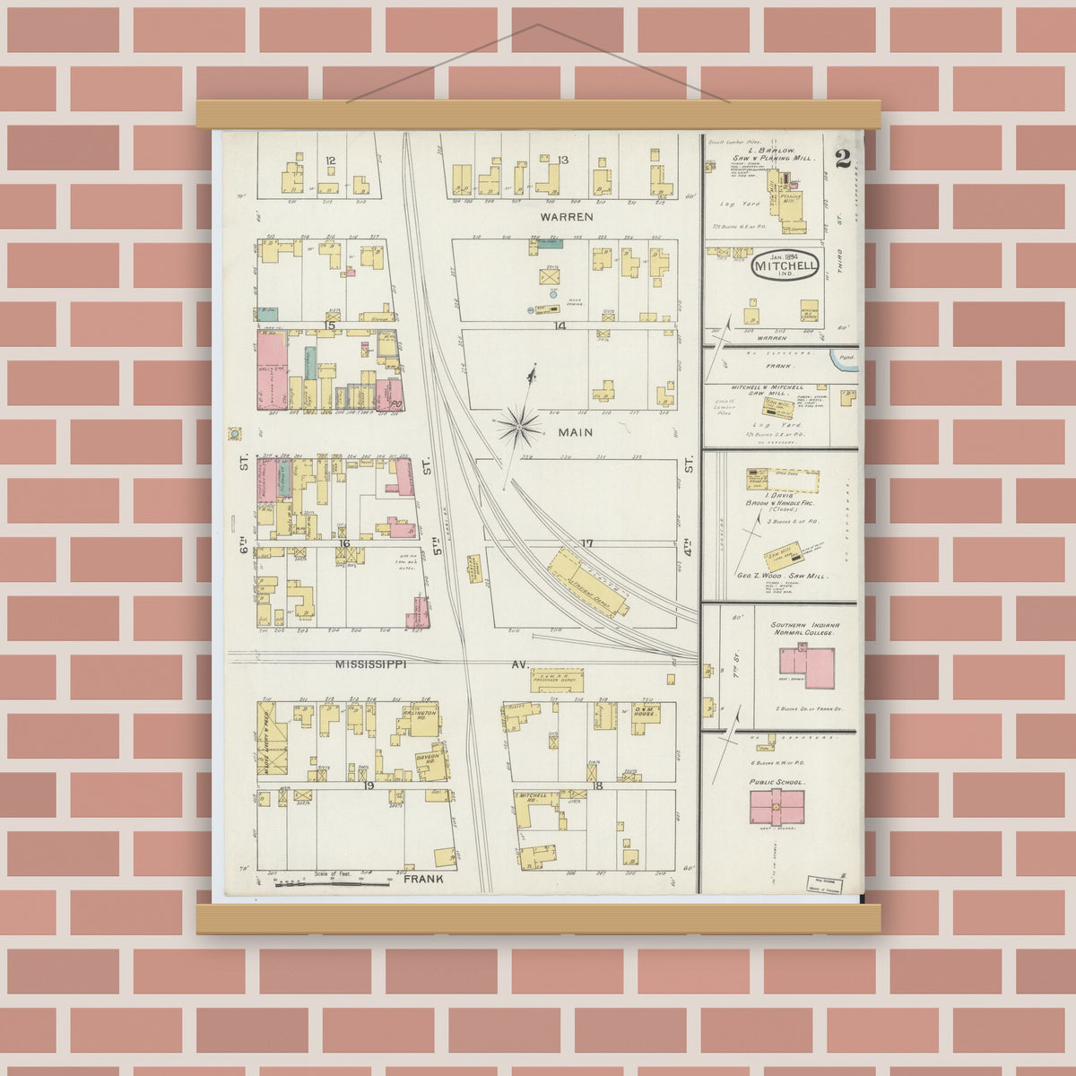 Old map wall art mockup — magnetic wood frame on brick wall — Sanborn Fire Insurance Map from Mitchell, Lawrence County, Indiana (1894), Sheet #0002