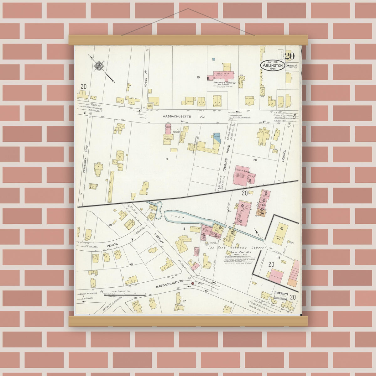 Old map wall art mockup — magnetic wood frame on brick wall — Sanborn Fire Insurance Map from Arlington, Middlesex County, Massachusetts (1914), Sheet #0020