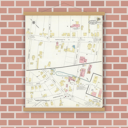 Old map wall art mockup — magnetic wood frame on brick wall — Sanborn Fire Insurance Map from Arlington, Middlesex County, Massachusetts (1914), Sheet #0020