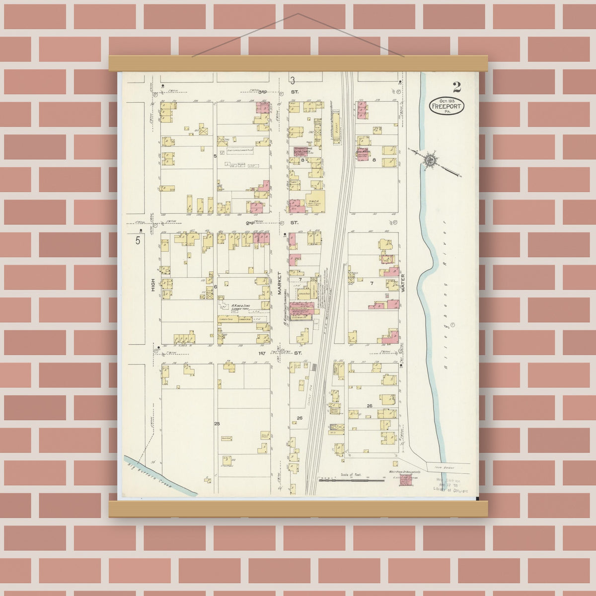 Old map wall art mockup — magnetic wood frame on brick wall — Sanborn Fire Insurance Map from Freeport, Armstrong County, Pennsylvania (1913), Sheet #0002