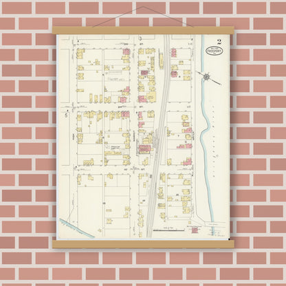 Old map wall art mockup — magnetic wood frame on brick wall — Sanborn Fire Insurance Map from Freeport, Armstrong County, Pennsylvania (1913), Sheet #0002