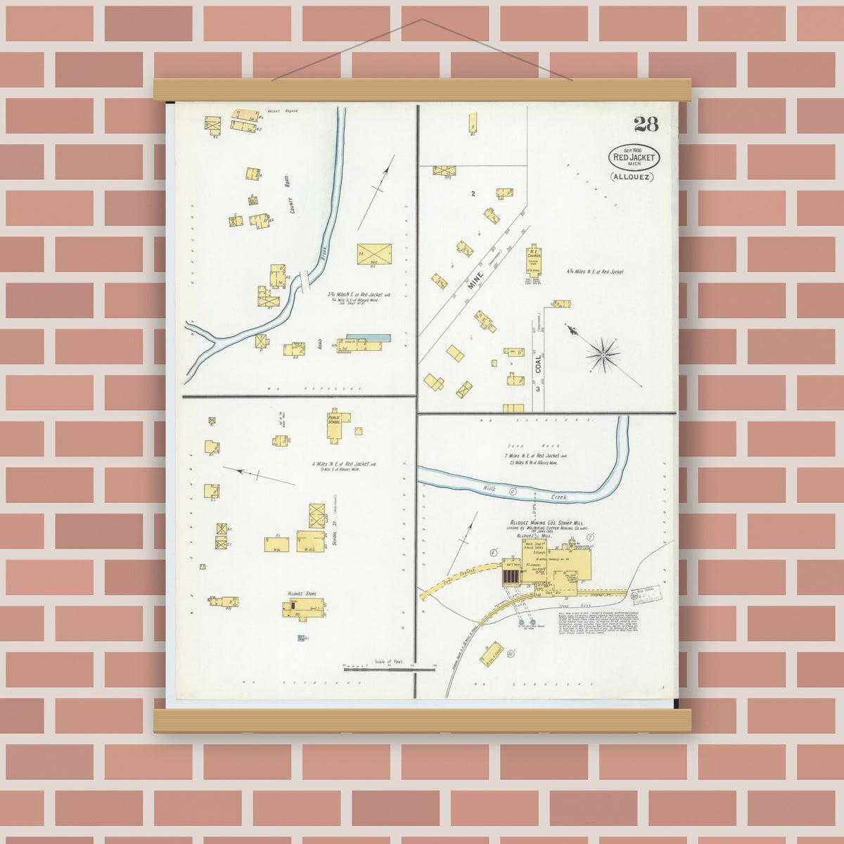 Old map wall art mockup — magnetic wood frame on brick wall — Sanborn Fire Insurance Map from Red Jacket, Houghton County, Michigan (1900), Sheet #0028