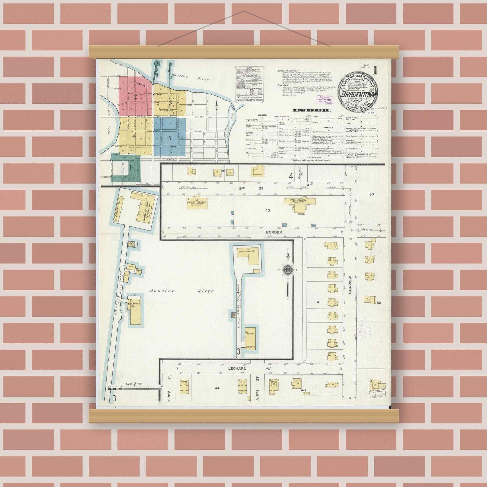 Old map wall art mockup — magnetic wood frame on brick wall — Sanborn Fire Insurance Map from Bradentown, Manatee County, Florida (1911) - Complete Map Set