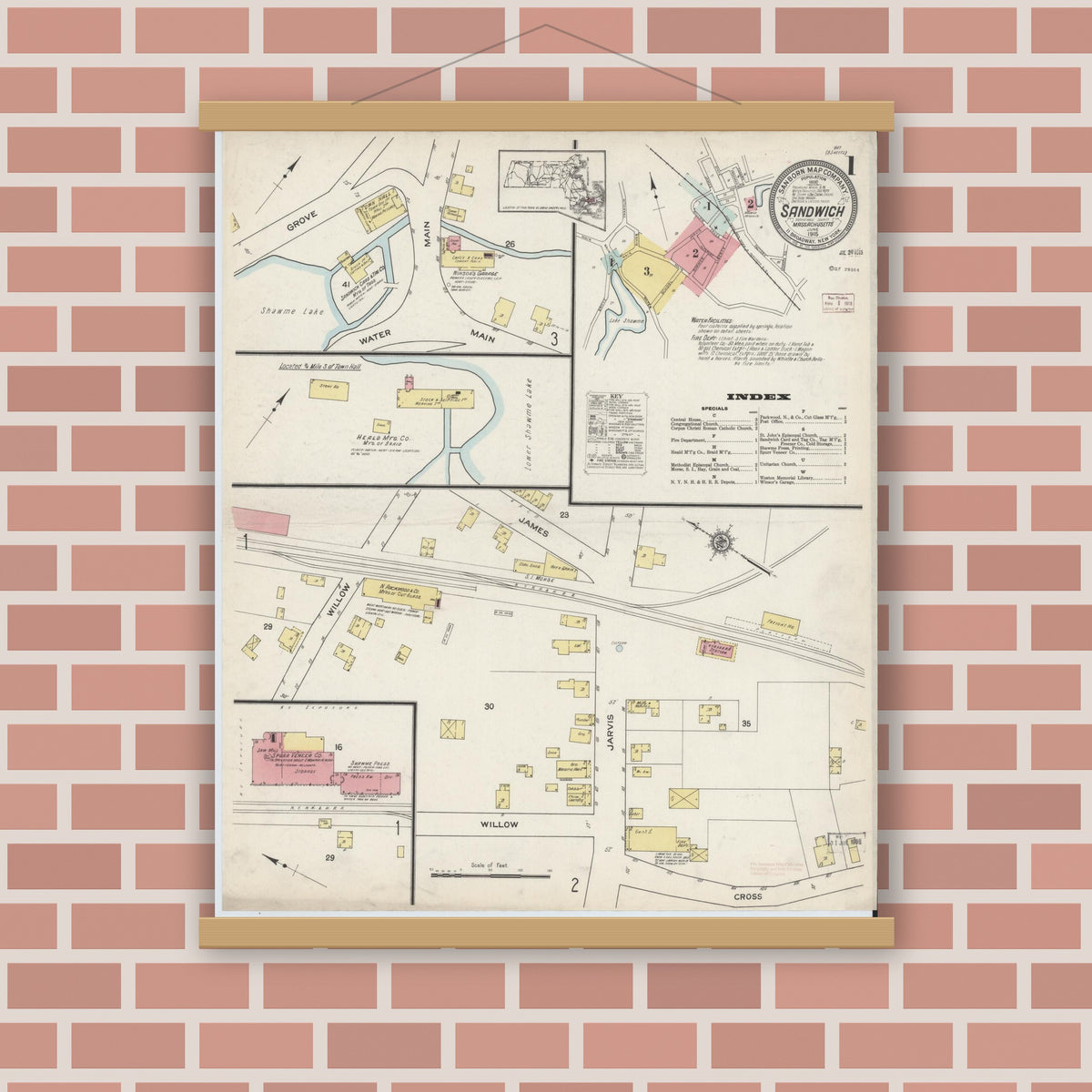 Old map wall art mockup — magnetic wood frame on brick wall — Sanborn Fire Insurance Map from Sandwich, Barnstable County, Massachusetts (1915) - Complete Map Set