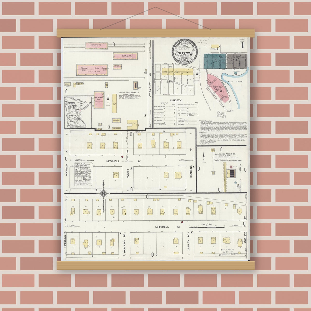 Old map wall art mockup — magnetic wood frame on brick wall — Sanborn Fire Insurance Map from Coleraine, Itasca County, Minnesota (1921), Sheet #0001