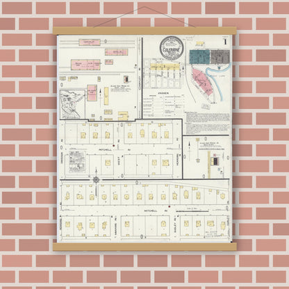 Old map wall art mockup — magnetic wood frame on brick wall — Sanborn Fire Insurance Map from Coleraine, Itasca County, Minnesota (1921), Sheet #0001