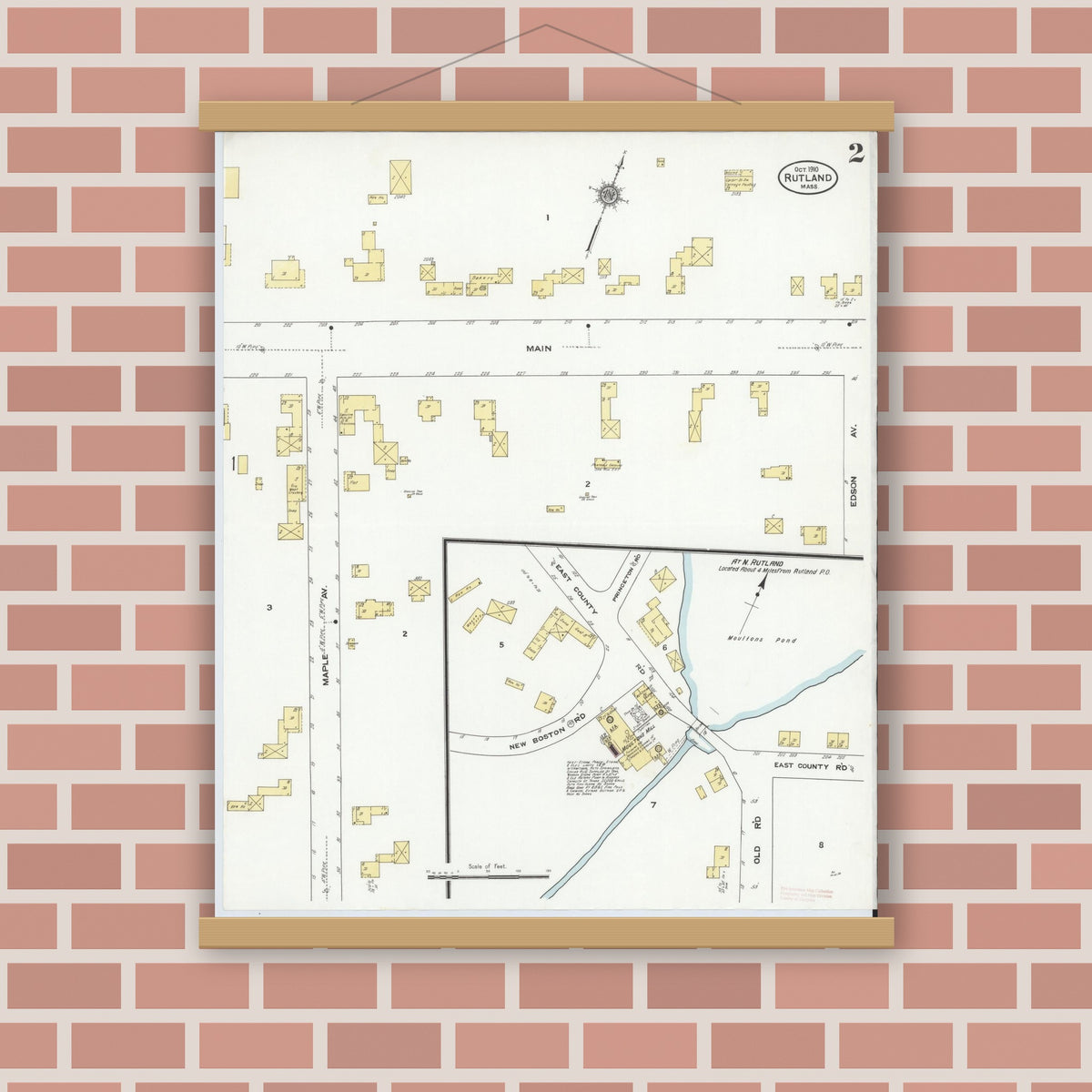 Old map wall art mockup — magnetic wood frame on brick wall — Sanborn Fire Insurance Map from Rutland, Worcester County, Massachusetts (1910), Sheet #0002