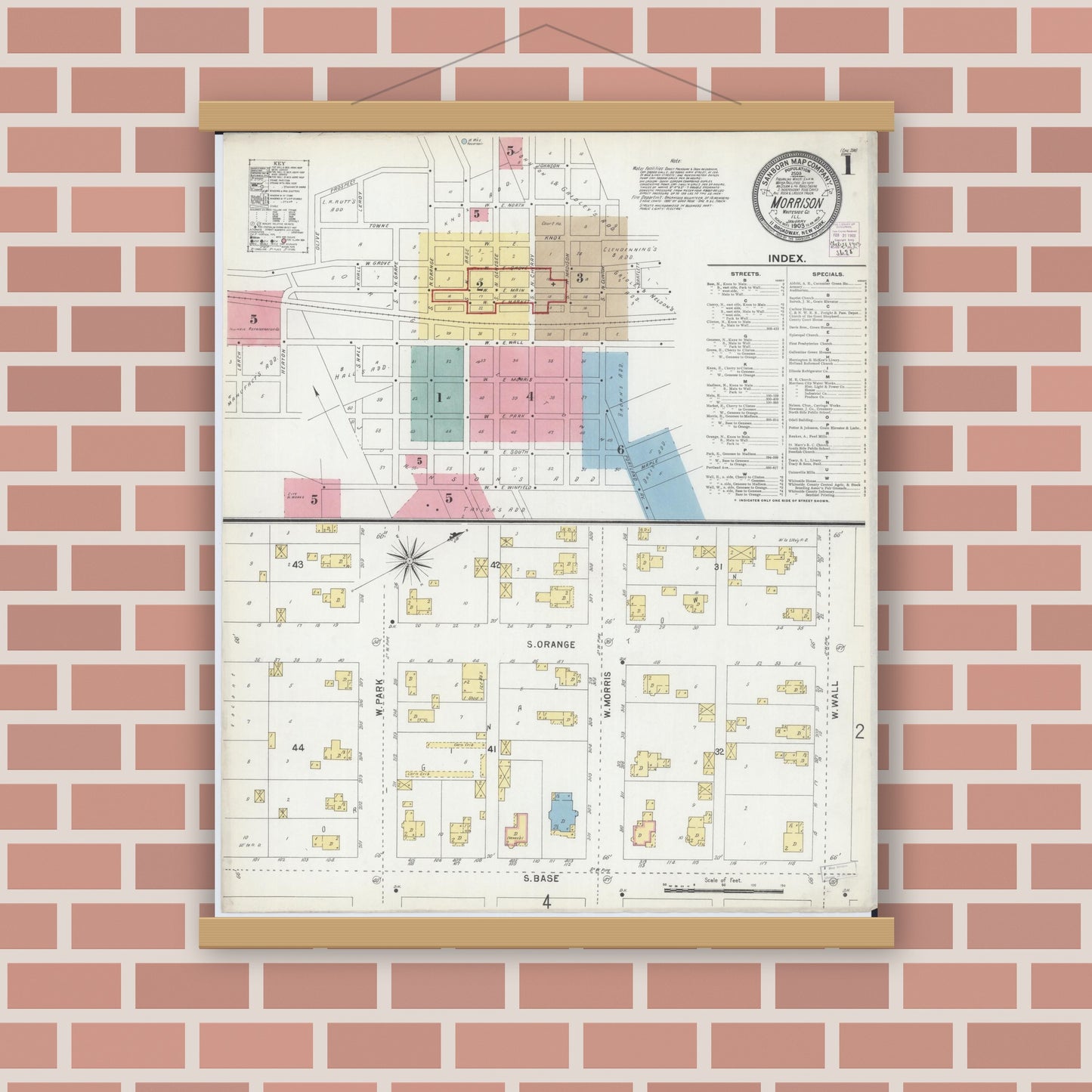 Old map wall art mockup — magnetic wood frame on brick wall — Sanborn Fire Insurance Map from Morrison, Whiteside County, Illinois (1903) - Complete Map Set
