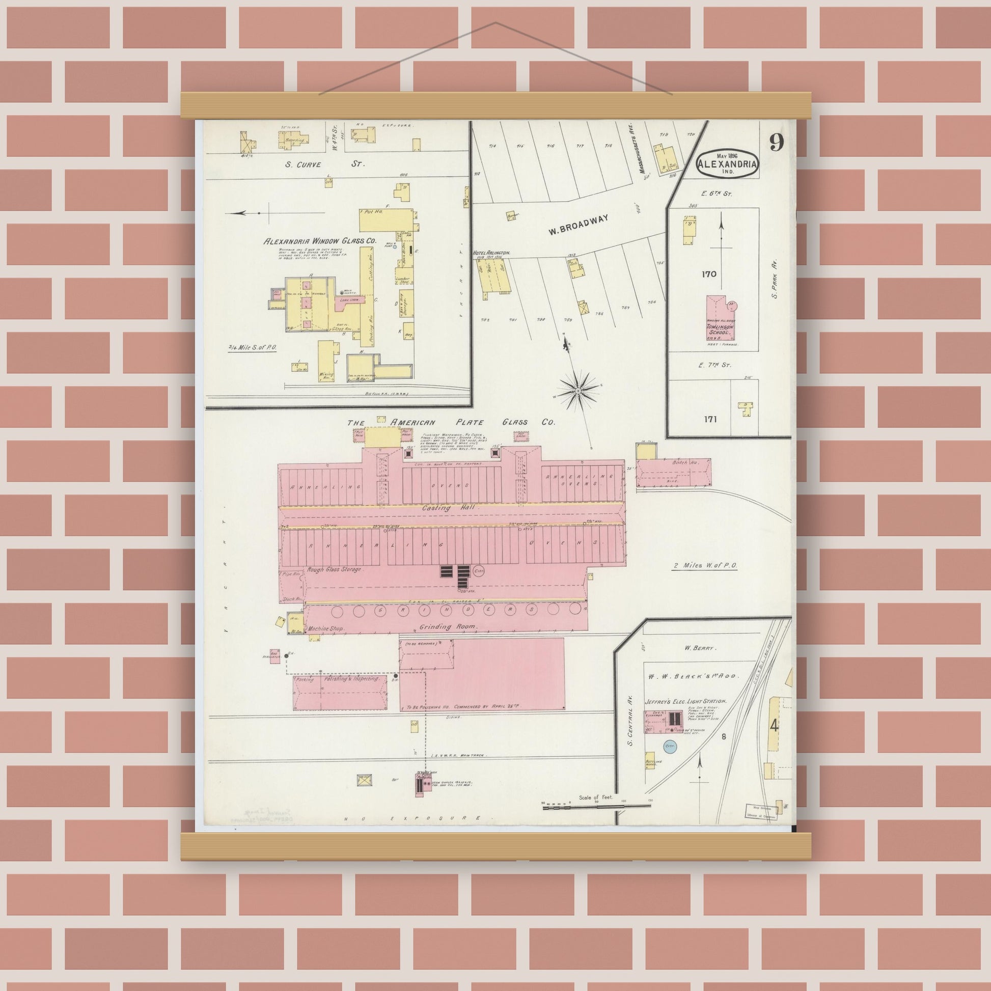 Old map wall art mockup — magnetic wood frame on brick wall — Sanborn Fire Insurance Map from Alexandria, Madison County, Indiana (1896), Sheet #0009