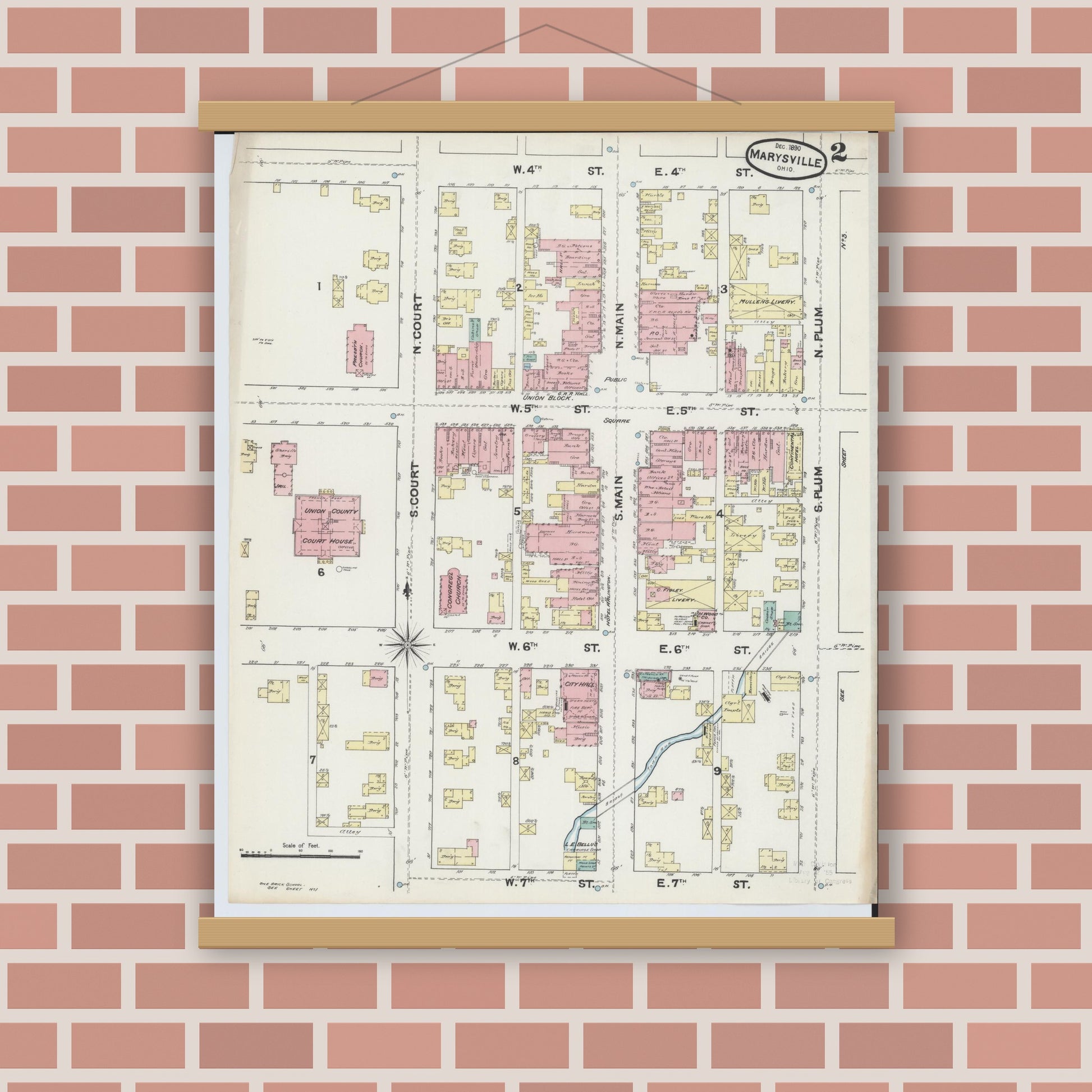 Old map wall art mockup — magnetic wood frame on brick wall — Sanborn Fire Insurance Map from Marysville, Union County, Ohio (1890), Sheet #0002