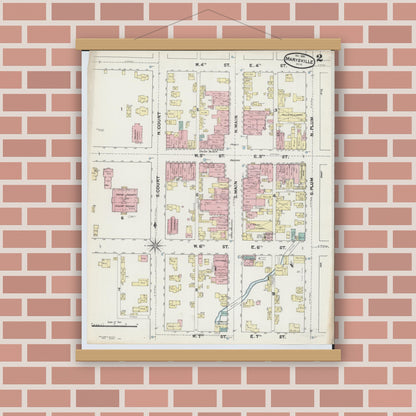 Old map wall art mockup — magnetic wood frame on brick wall — Sanborn Fire Insurance Map from Marysville, Union County, Ohio (1890), Sheet #0002