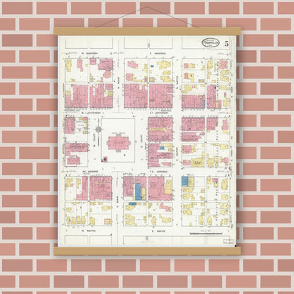 Old map wall art mockup — magnetic wood frame on brick wall — Sanborn Fire Insurance Map from Franklin, Johnson County, Indiana (1916), Sheet #0005