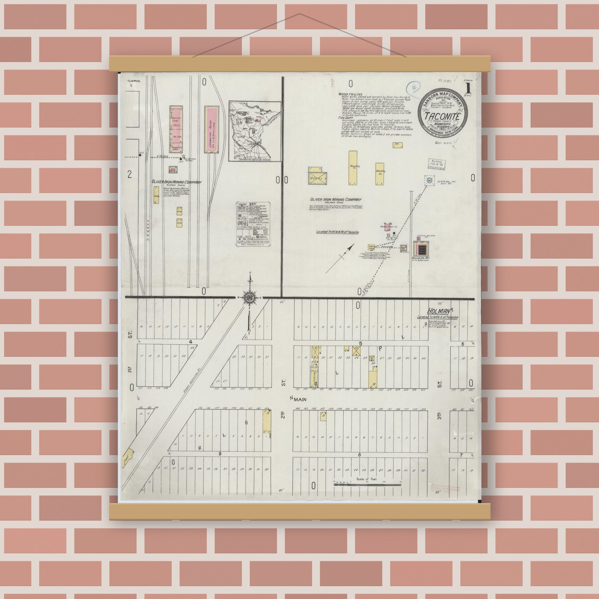 Old map wall art mockup — magnetic wood frame on brick wall — Sanborn Fire Insurance Map from Taconite, Ltasca County, Minnesota (1921), Sheet #0001