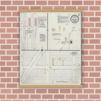 Old map wall art mockup — magnetic wood frame on brick wall — Sanborn Fire Insurance Map from Taconite, Ltasca County, Minnesota (1921), Sheet #0001