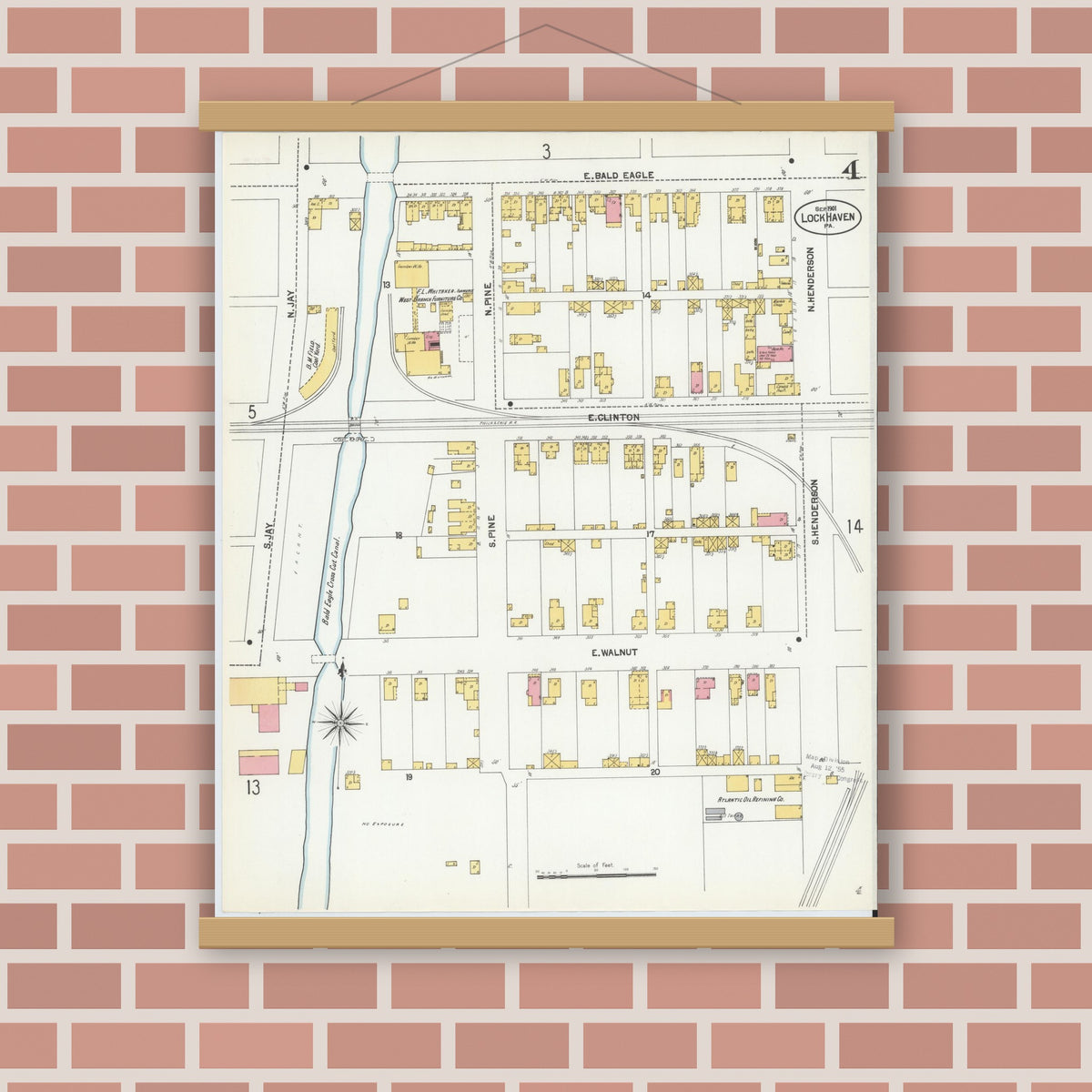 Old map wall art mockup — magnetic wood frame on brick wall — Sanborn Fire Insurance Map from Lock Haven, Clinton County, Pennsylvania (1901), Sheet #0004