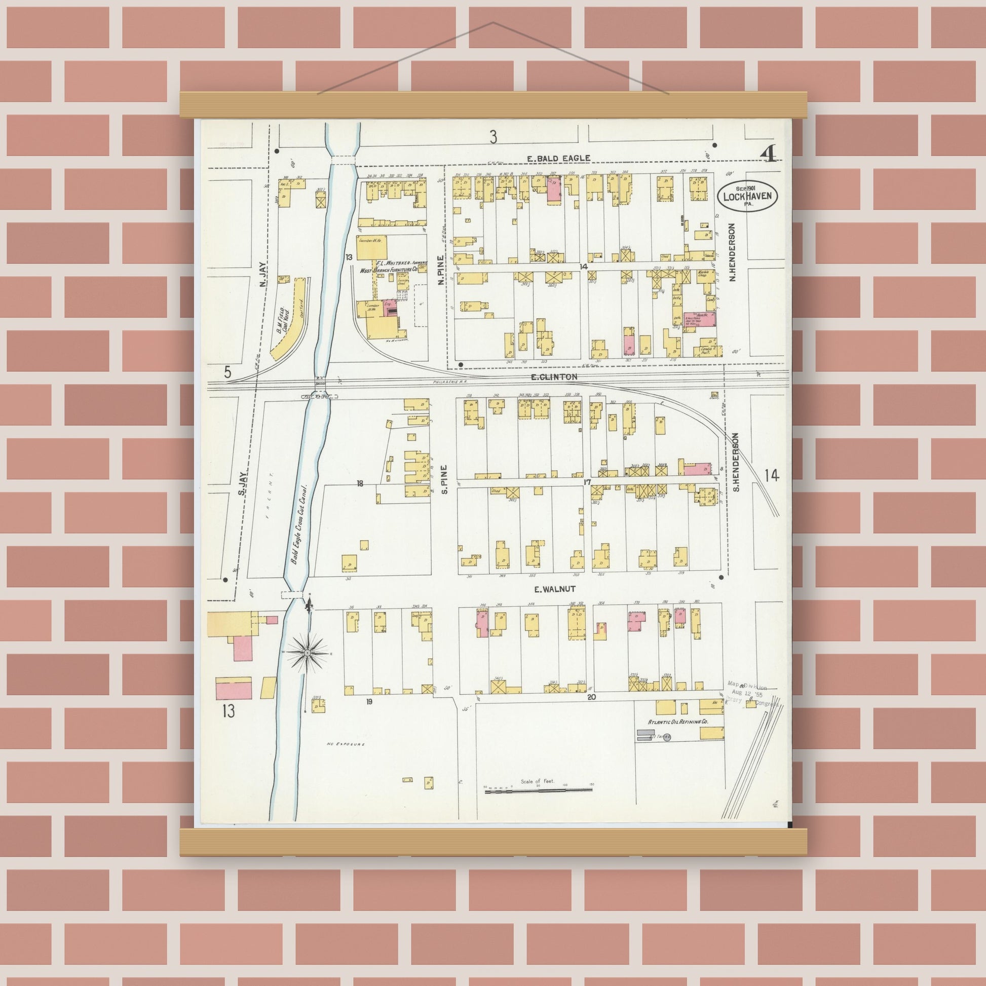 Old map wall art mockup — magnetic wood frame on brick wall — Sanborn Fire Insurance Map from Lock Haven, Clinton County, Pennsylvania (1901), Sheet #0004
