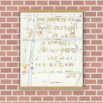 Old map wall art mockup — magnetic wood frame on brick wall — Sanborn Fire Insurance Map from Lock Haven, Clinton County, Pennsylvania (1901), Sheet #0004
