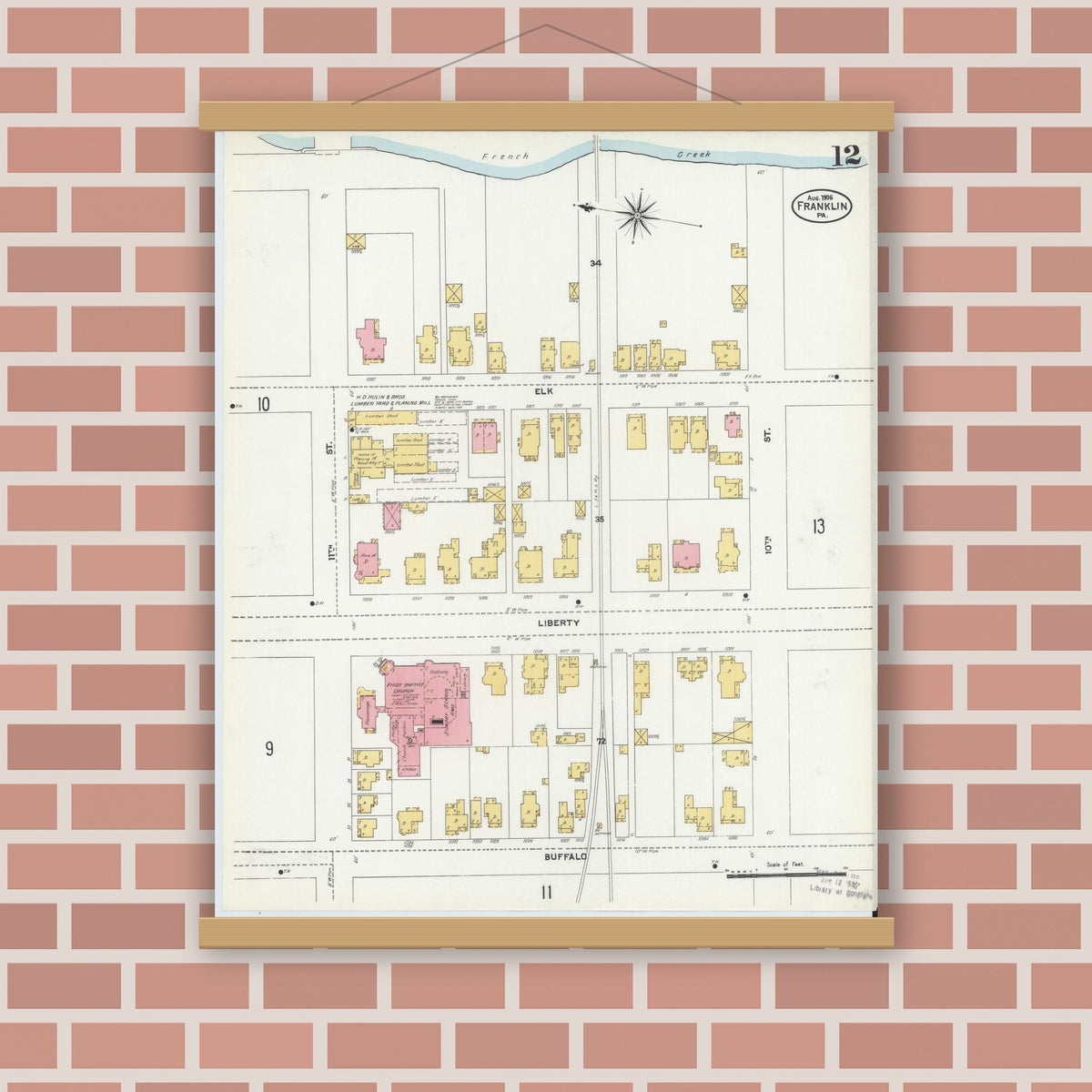 Old map wall art mockup — magnetic wood frame on brick wall — Sanborn Fire Insurance Map from Franklin, Venango County, Pennsylvania (1906), Sheet #0012