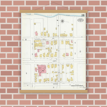 Old map wall art mockup — magnetic wood frame on brick wall — Sanborn Fire Insurance Map from Franklin, Venango County, Pennsylvania (1906), Sheet #0012