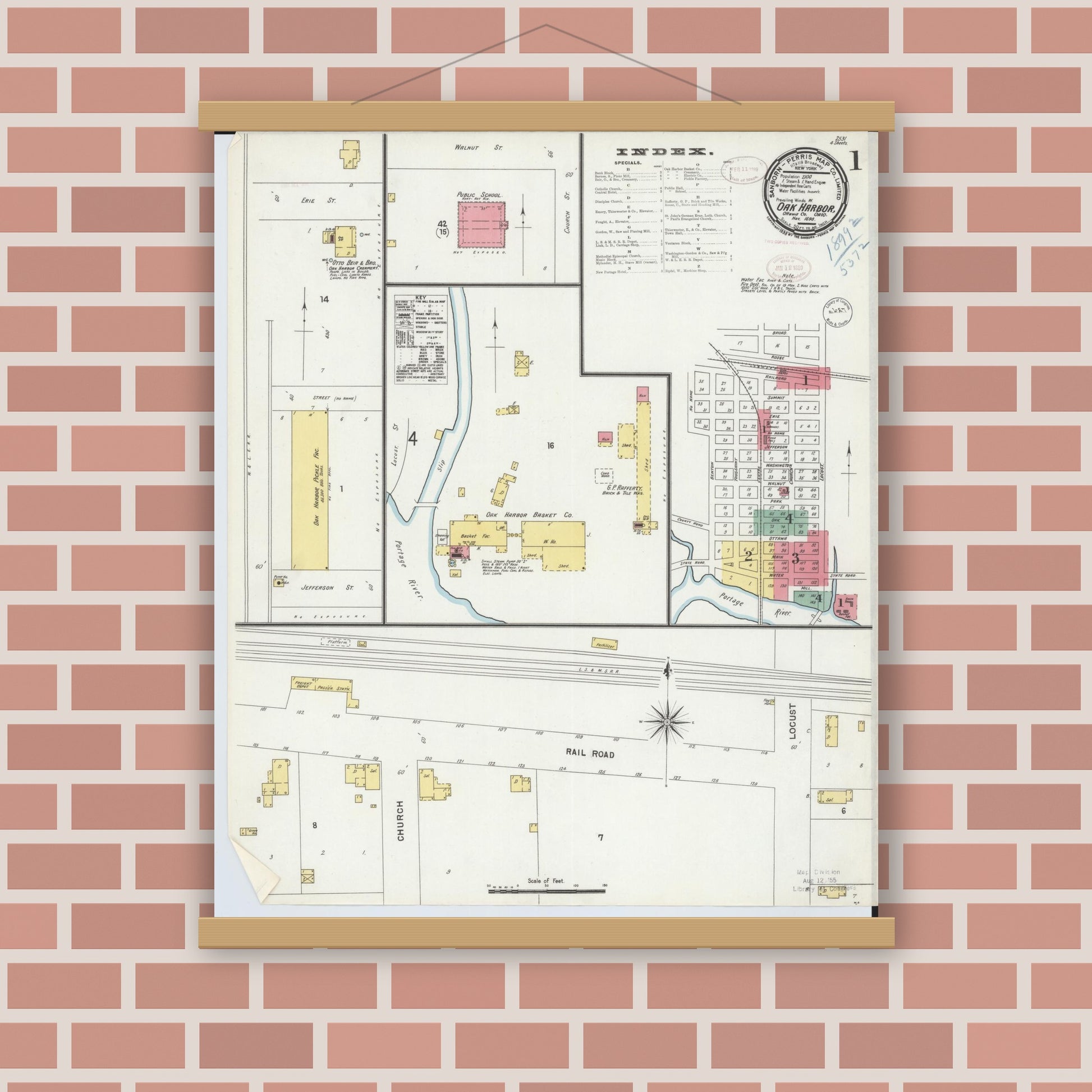 Old map wall art mockup — magnetic wood frame on brick wall — Sanborn Fire Insurance Map from Oak Harbor, Ottawa County, Ohio (1898), Sheet #0001