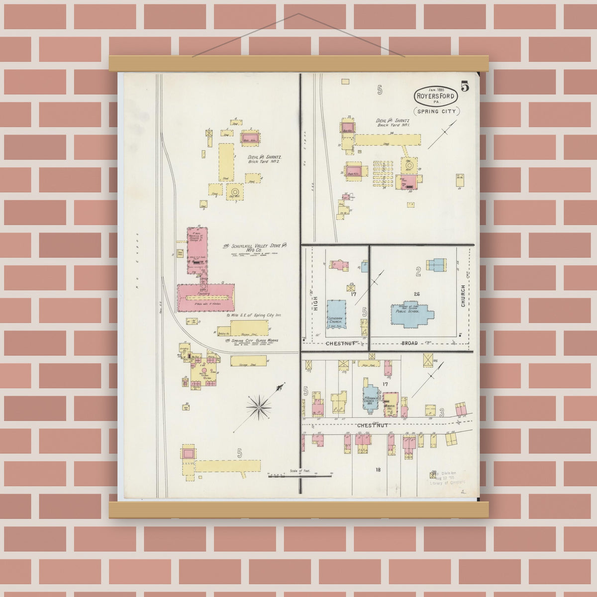 Old map wall art mockup — magnetic wood frame on brick wall — Sanborn Fire Insurance Map from Royersford, Montgomery County, Pennsylvania (1895), Sheet #0005