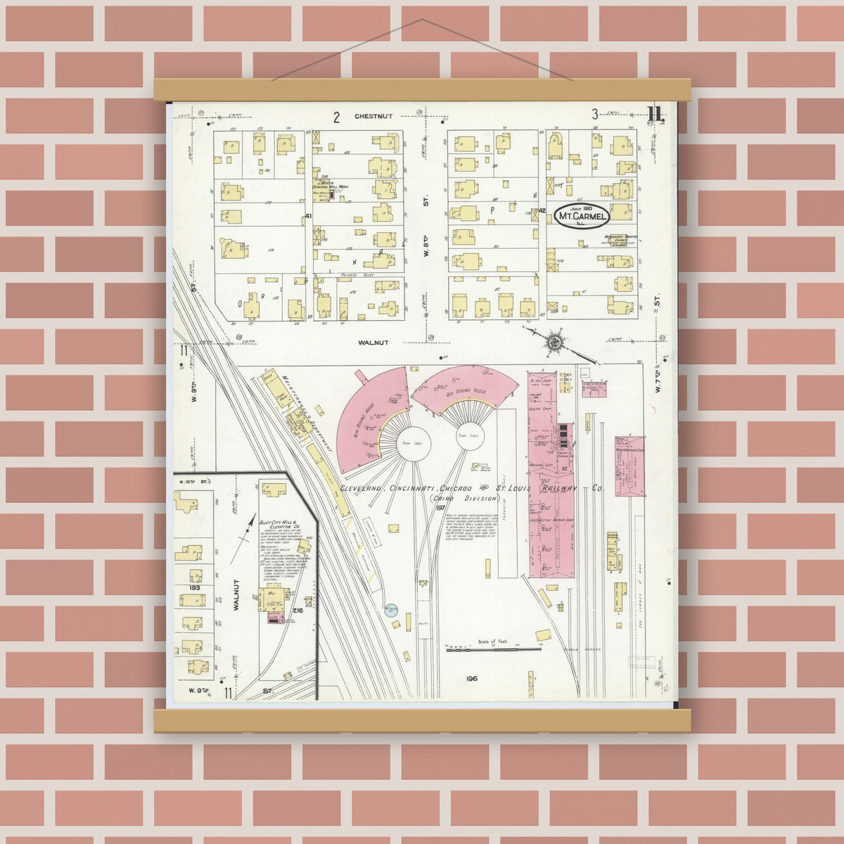 Old map wall art mockup — magnetic wood frame on brick wall — Sanborn Fire Insurance Map from Mount Carmel, Wabash County, Illinois (1910), Sheet #0011