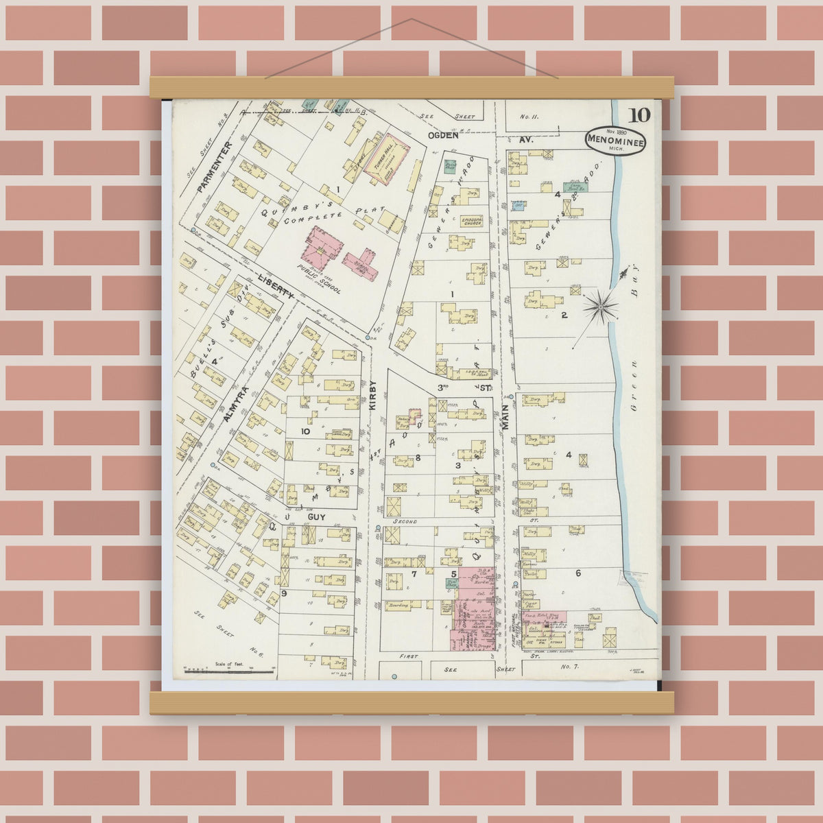 Old map wall art mockup — magnetic wood frame on brick wall — Sanborn Fire Insurance Map from Menominee, Menominee County, Michigan (1890), Sheet #0010