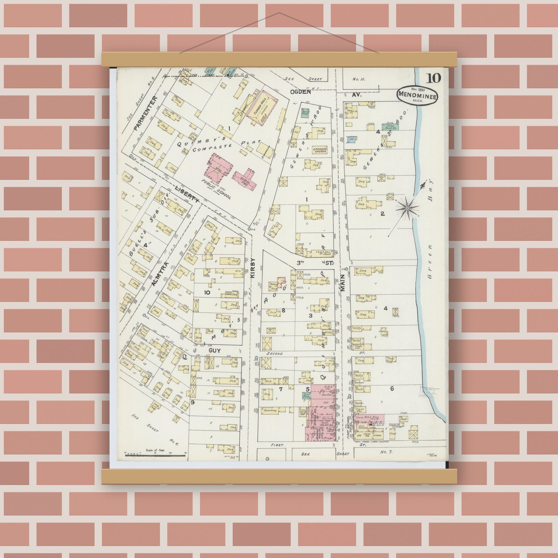 Old map wall art mockup — magnetic wood frame on brick wall — Sanborn Fire Insurance Map from Menominee, Menominee County, Michigan (1890), Sheet #0010